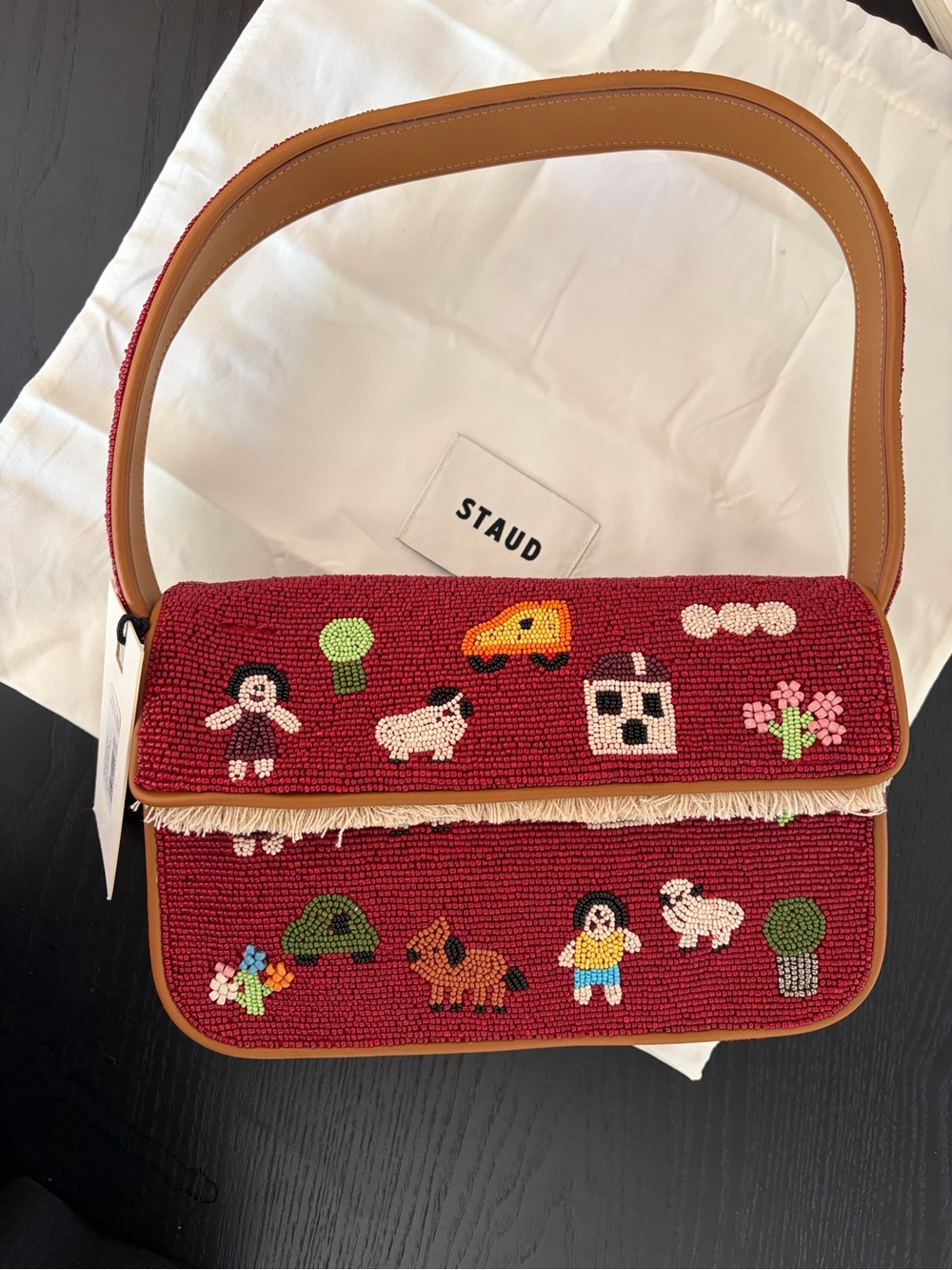 STAUD Red Beaded Shoulder Bag with Tan Strap and Colorful Embroidery Staudville